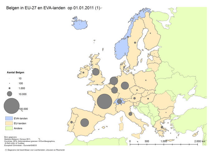 Belgen in EU-27 en EVA-landen op 01.01.2011
